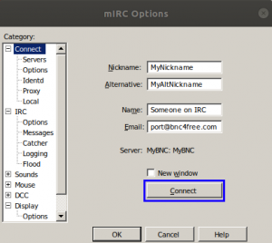 Screenshot of the mIRC options window