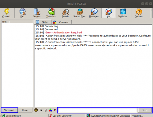 Screenshot of the IRC tab in the main window highlighting the connect button and text box