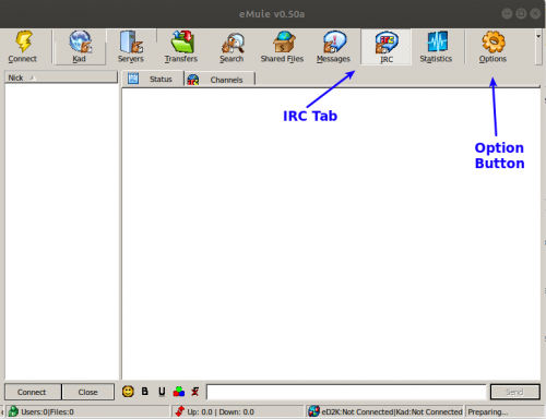 eMule screenshow showing the main window indicating the IRC tab and options button