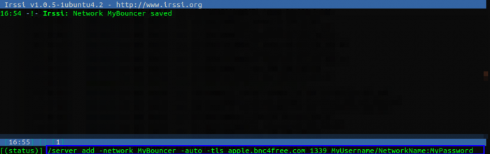Screenshot of a /server add command in irssi