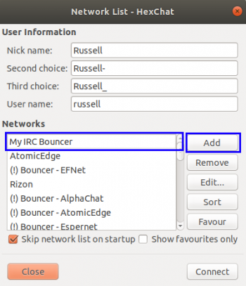 Screenshot of the HexChat network list while adding a new network