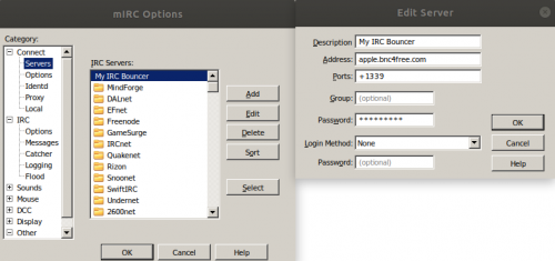 Screenshot of mIRC's server options