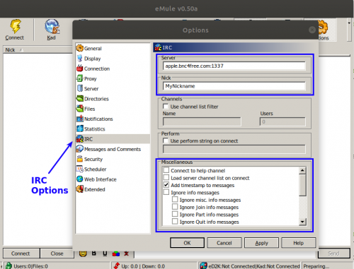 eMule Screenshot showing the IRC tab in the options window and indicating fields that need to be changed